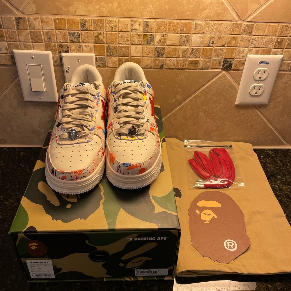 SOLD🔥Authentic Men’s A Bathing Ape Bape Sta Paint Splatter White #3 M1 Sneakers